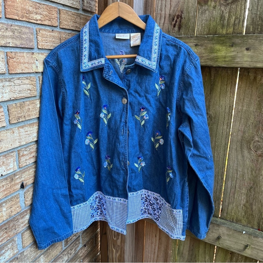 Vtg Bobbie Brooks Blue Denim Jacket with Floral Embroidery Gingham Trim